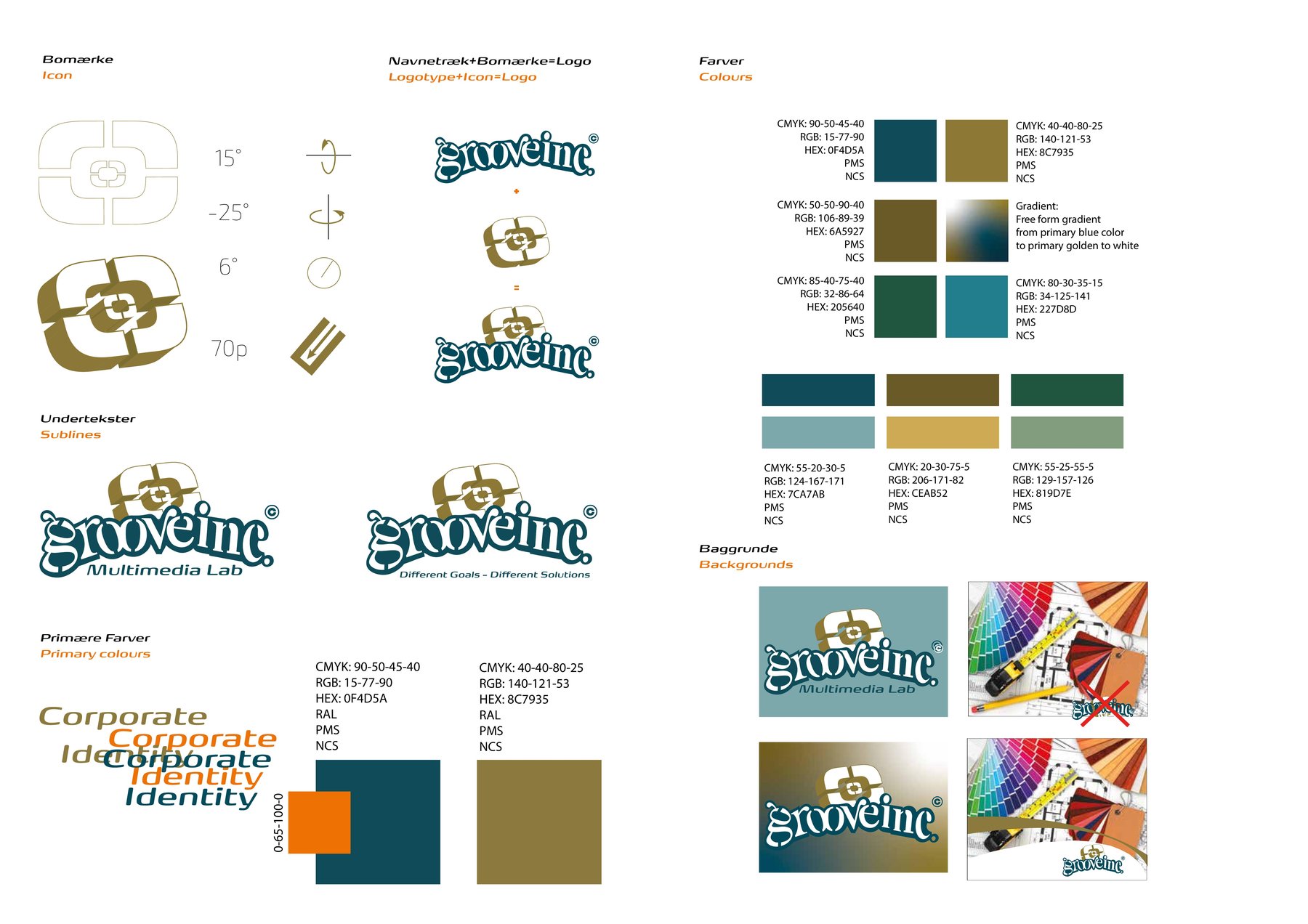 Groove Inc Omega Document, page 2 — icon construction, logo assembly, sublines, colours, backgrounds